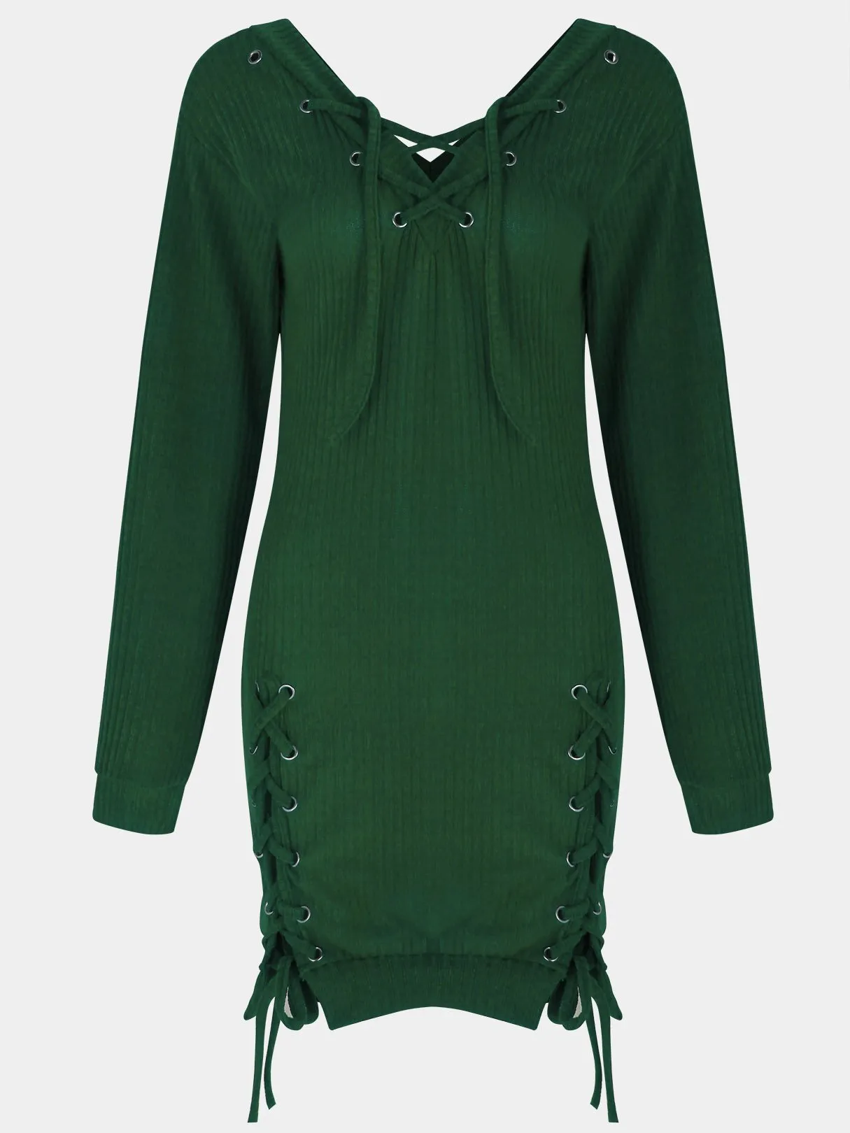 Wholesale Green V-Neck Long Sleeve Backless Lace-Up Cable Knit Slit Hem Dress