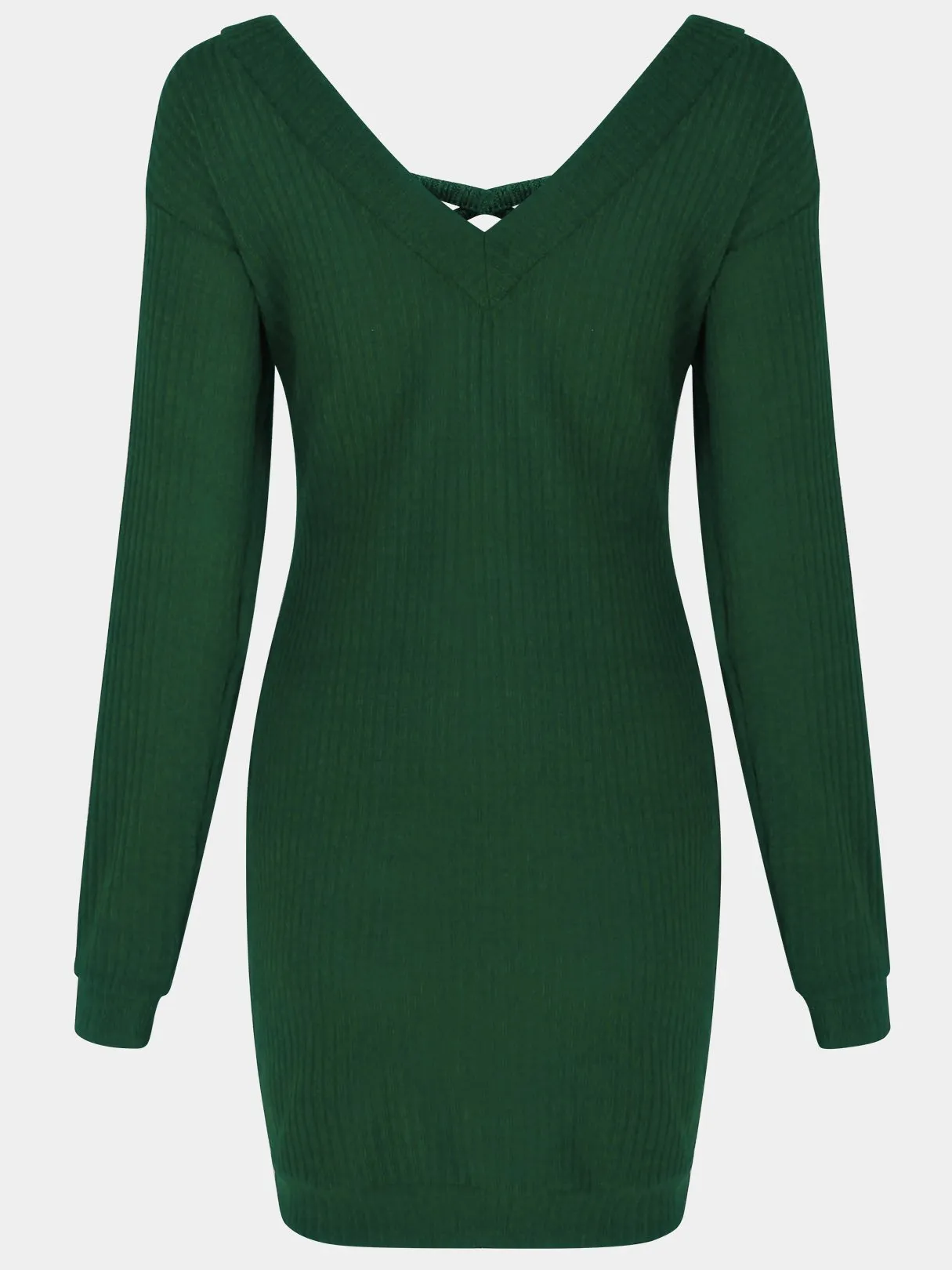 Wholesale Green V-Neck Long Sleeve Backless Lace-Up Cable Knit Slit Hem Dress