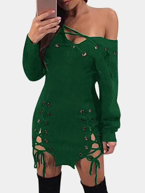 Wholesale Green V-Neck Long Sleeve Backless Lace-Up Cable Knit Slit Hem Dress