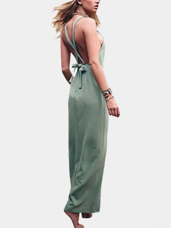 Wholesale Green V-Neck Sleeveless Backless Spaghetti Strap Dresses