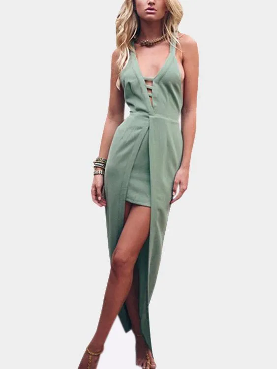 Wholesale Green V-Neck Sleeveless Backless Spaghetti Strap Dresses