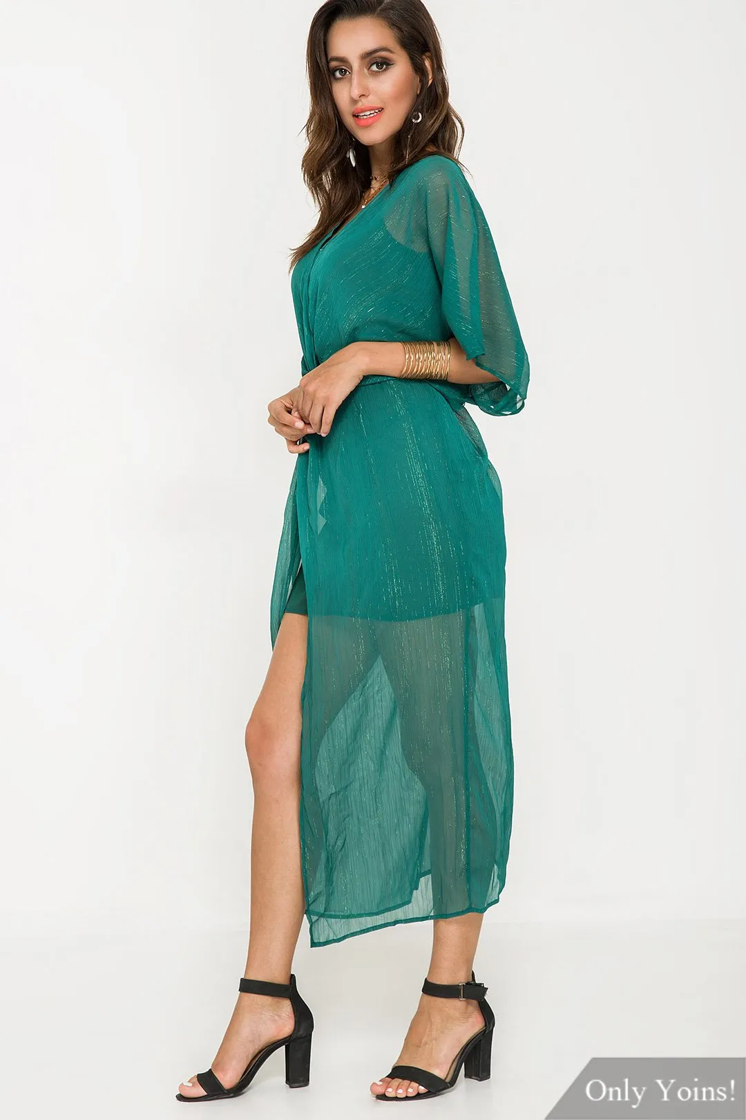 Wholesale Green V-Neck Slit Hem Maxi Dress