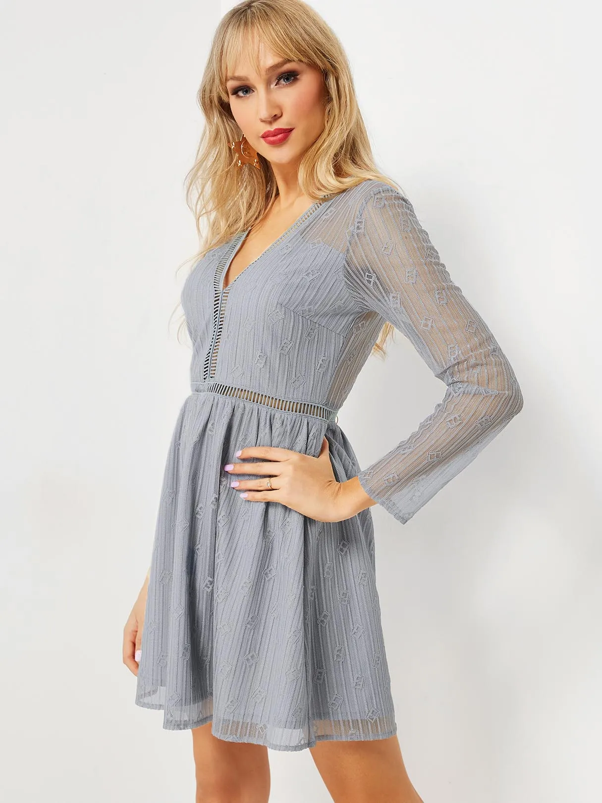 Wholesale Grey V-Neck Long Sleeve Plain Lace Hollow See Through Dresses