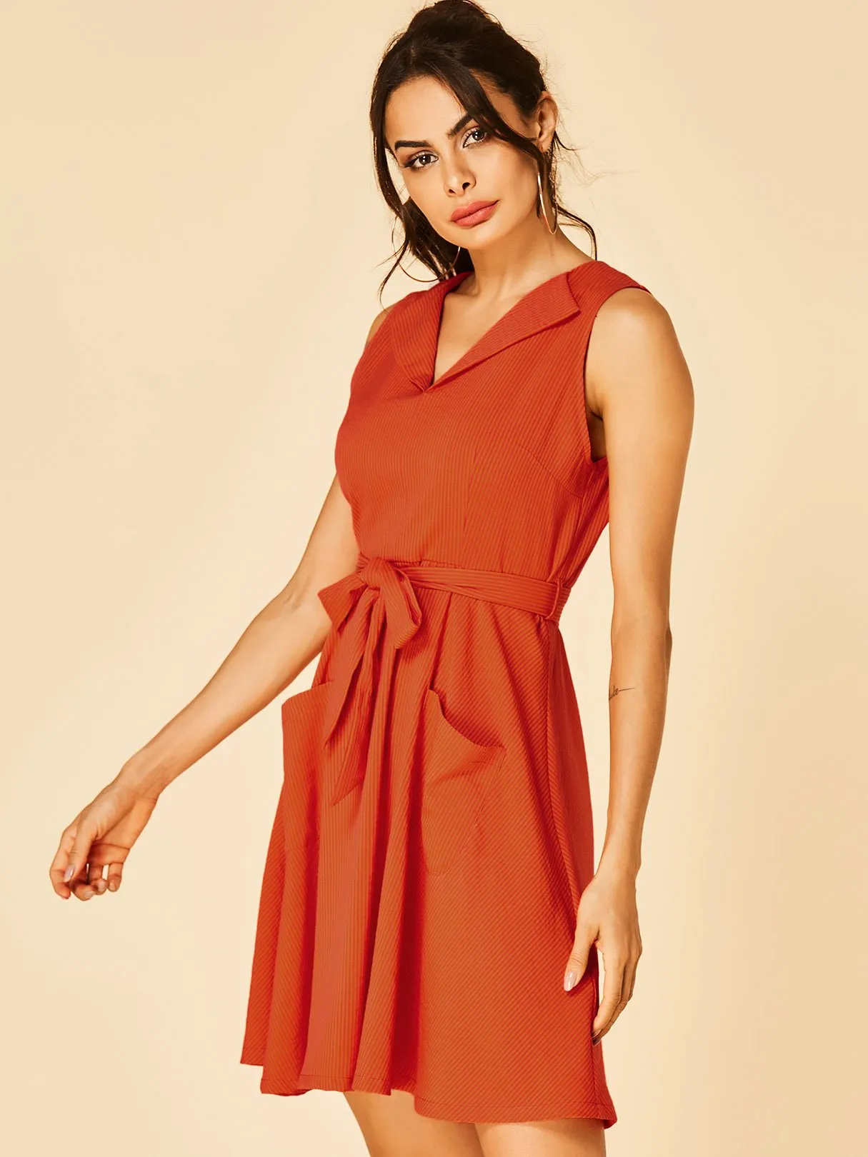 Wholesale Orange Lapel Collar Sleeveless Plain Side Pockets Self-Tie Dresses