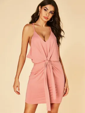 Wholesale Pink V-Neck Sleeveless Plain Spaghetti Strap Self-Tie Twist Dresses