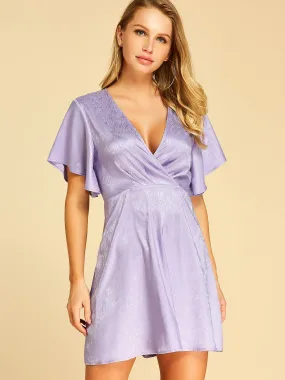 Wholesale Purple Deep V Neck Short Sleeve Plain Wrap Dresses