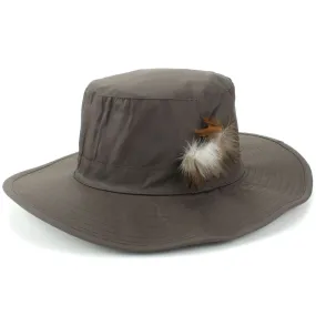 Wide Brim Outback Style Cotton Bush Hat with Feather - Brown