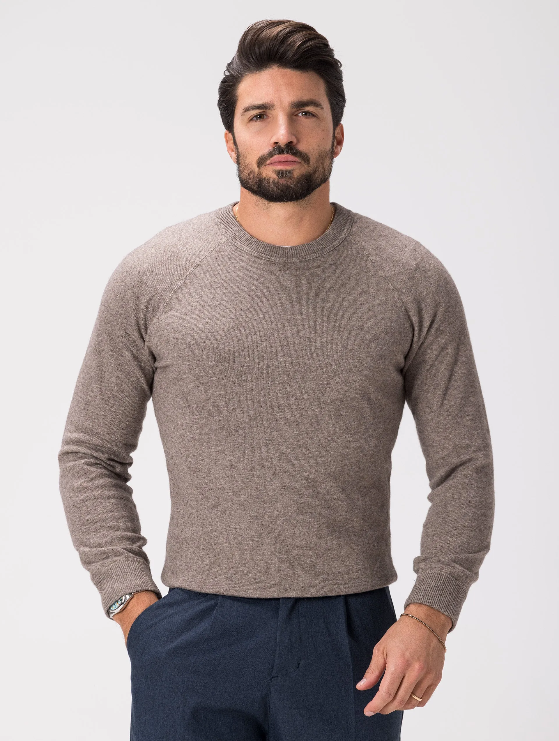 WOOL CREWNECK SWEATER IN TAUPE