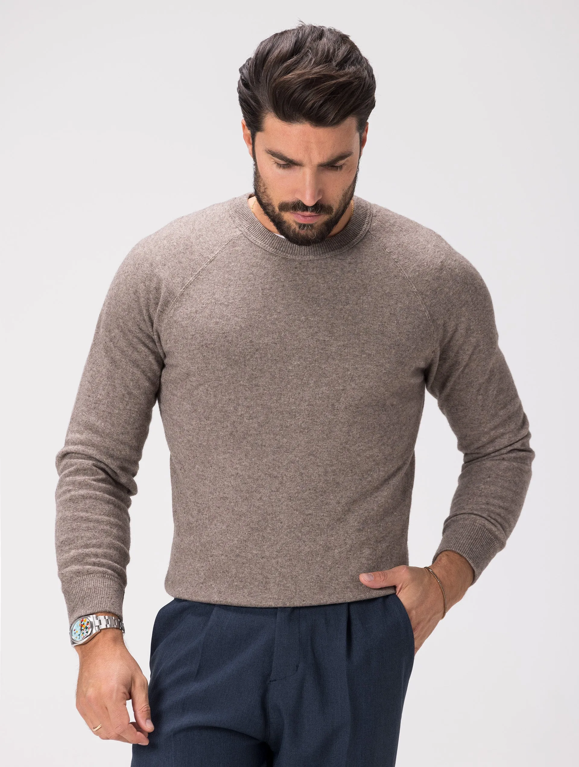 WOOL CREWNECK SWEATER IN TAUPE