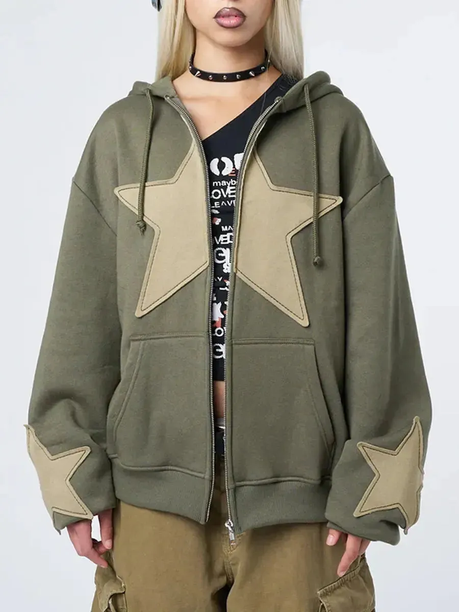 Y2k Oversized Vintage Star Print Zip Up Hoodie